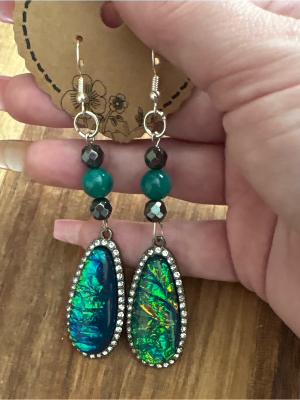 Handmade Beaded Iridescent Teardrop Dangle Earrings
